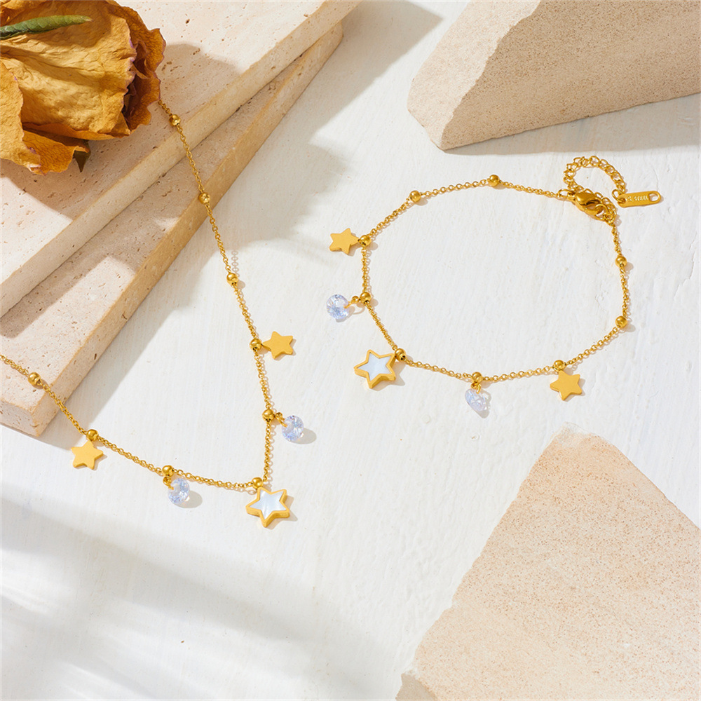 欧美热销不锈钢星星夹钻项链手链套装 时尚热销钛钢不掉色星星首饰套装详情1