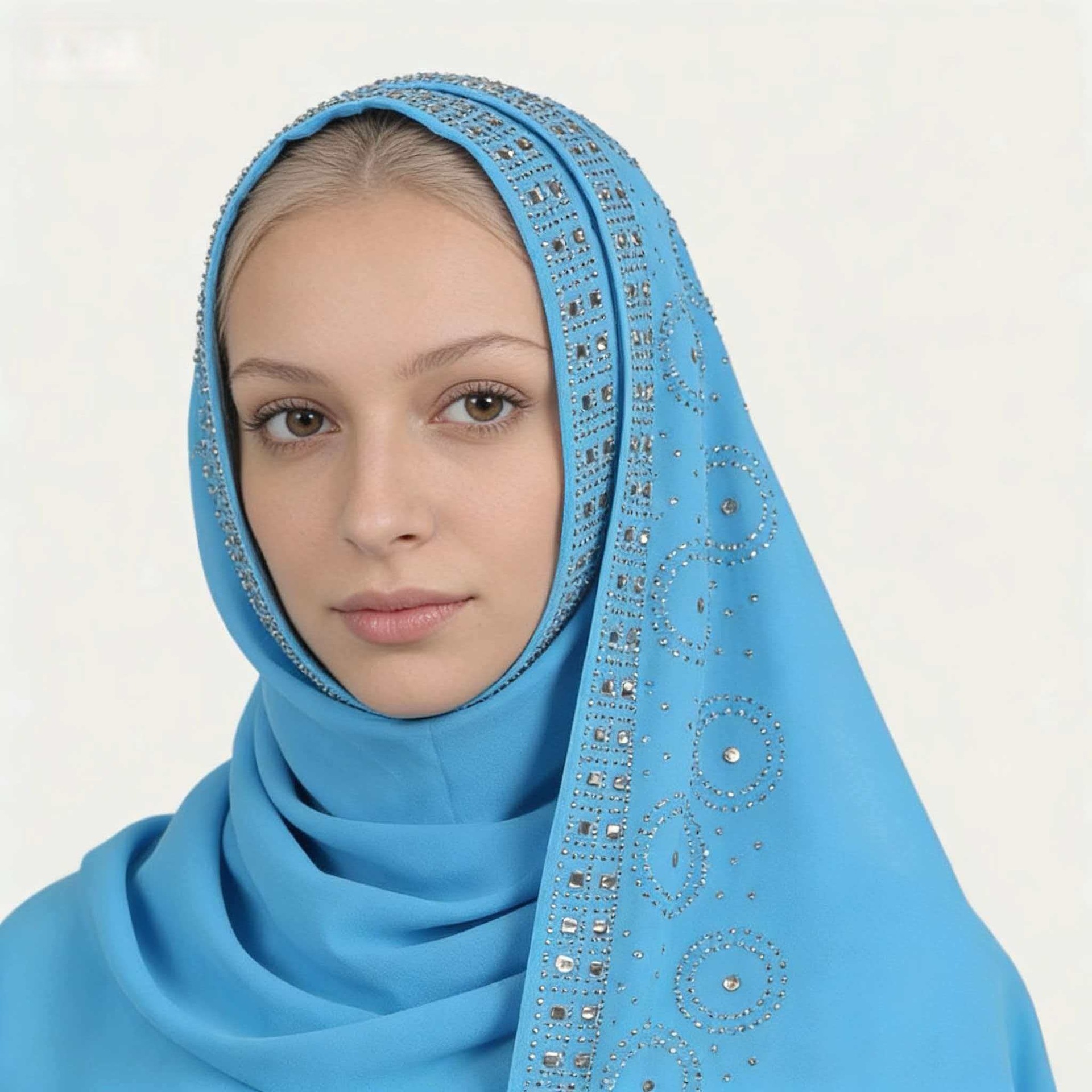 A007素色单色跨境新款围巾烫钻珍珠雪仿烫钻长巾盖头纱巾头巾花边详情9