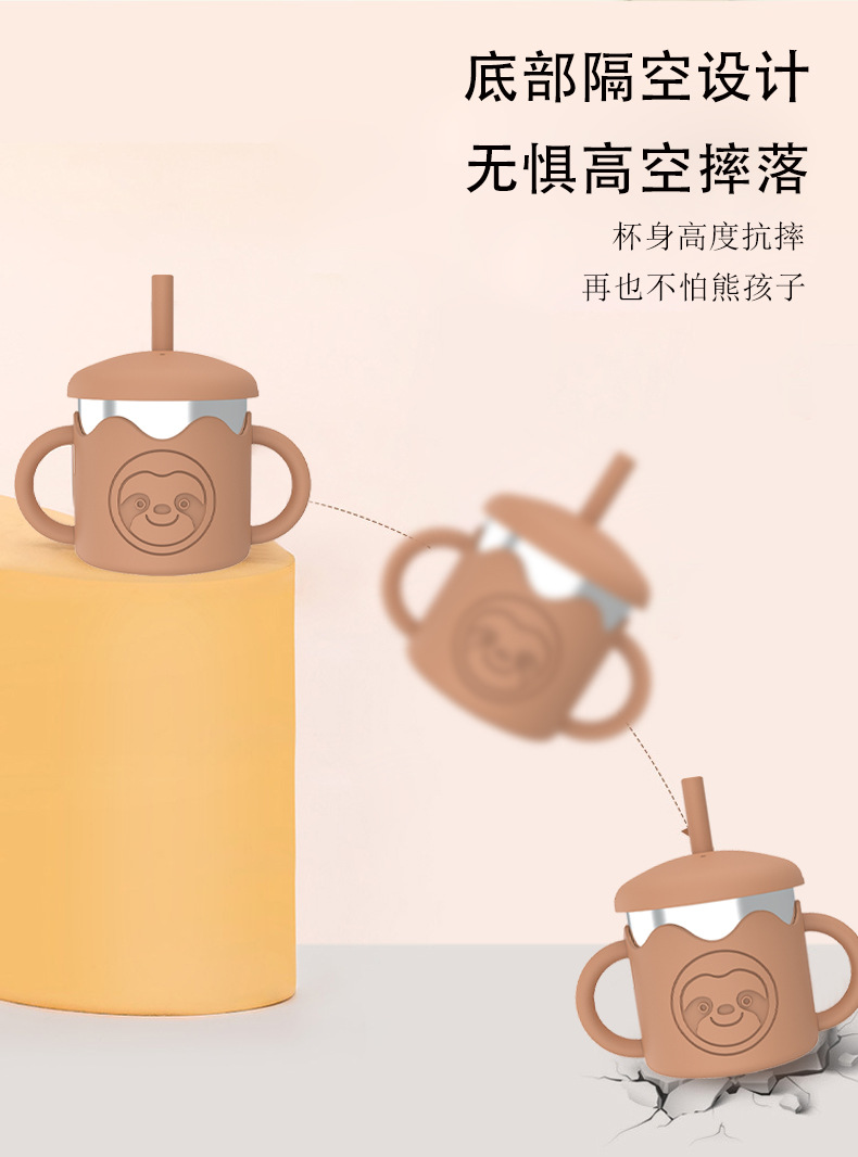 宝宝水杯食品级硅胶套不锈钢304双把手双层隔热吸管儿童水杯可拆洗详情6