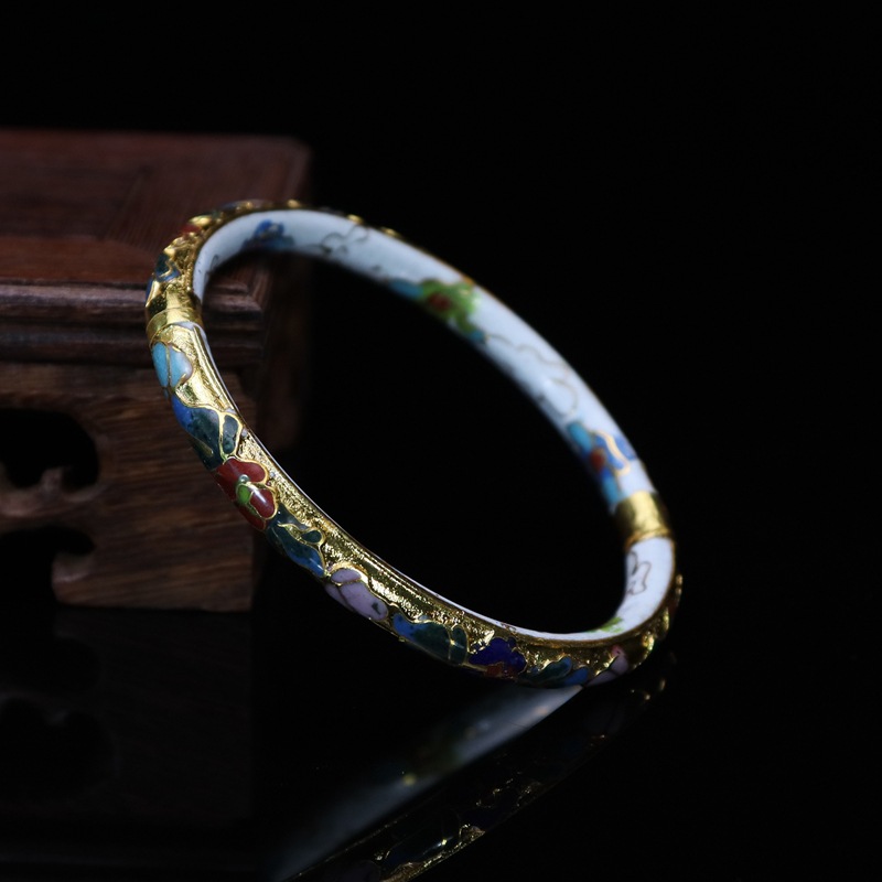 Beijing Cloisonne vintage collectibles, classical ethnic style copper body cloisonne enamel jewelry, gold base open bracelet pic 10