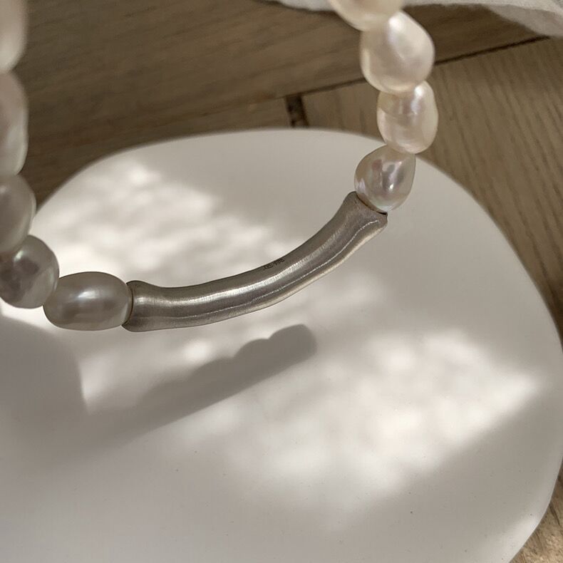 Natural Baroque freshwater pearl bracelet S925 sterling silver curved tube elastic bracelet, design sense, niche bracelet for women pic 4