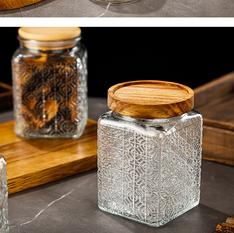 厂家现货供应批发方形浮雕花储物罐透明玻璃杂粮茶叶收纳罐密封罐详情15