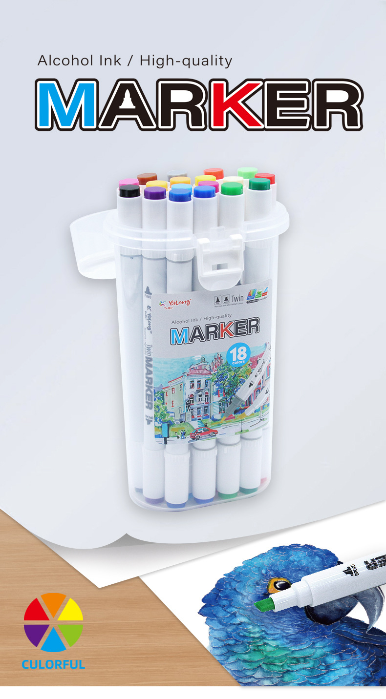Yalong Cross-border 18-color double-pointed alcohol ink Marker, high-quality bucket smooth marker, office & School pic 1