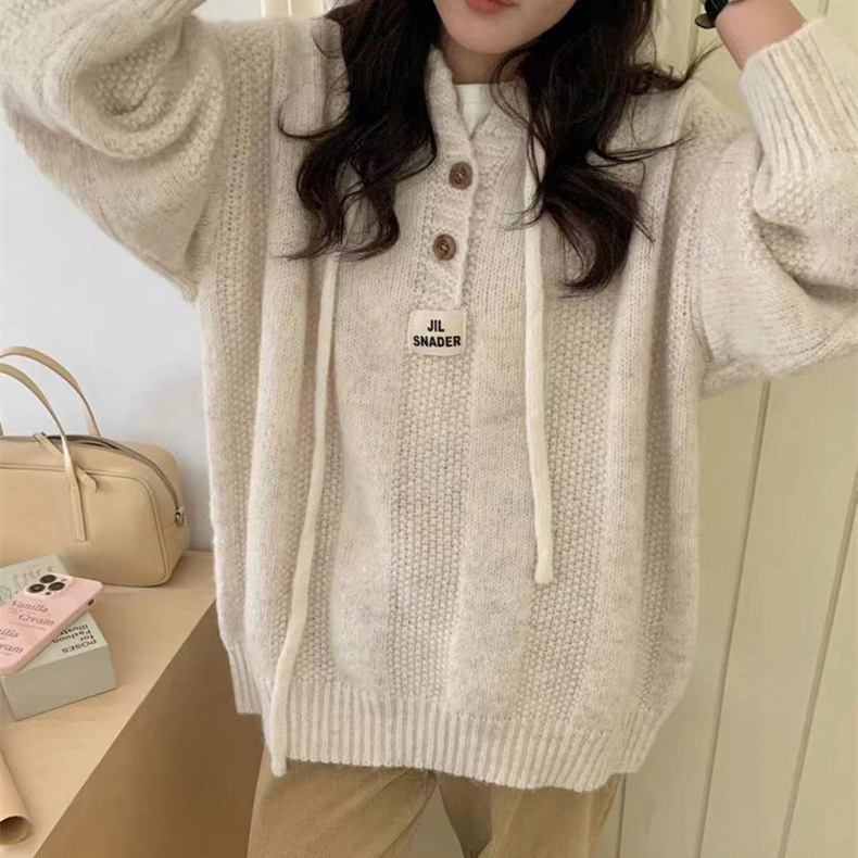 韩版宽松慵懒风连帽毛衣女秋冬2025新款软糯加厚抽绳针织卫衣上衣详情11