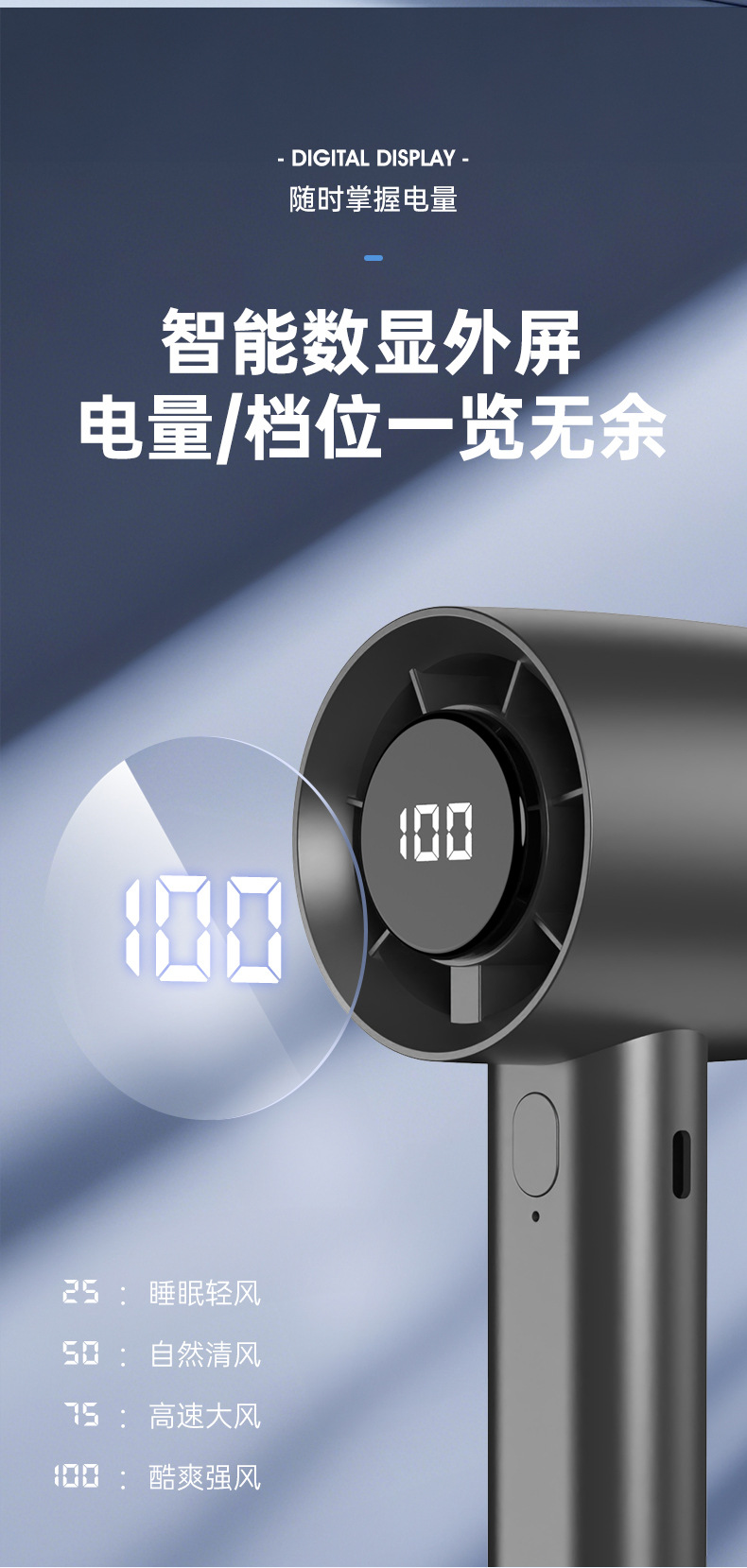 新款高速手持风扇迷你小风扇数显100档USB充电桌面电风扇跨境电商详情15