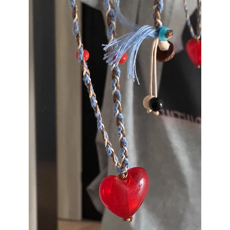 复古老琉璃彩绳编织红色爱心天然石吊坠项链女士长款毛衣链多巴胺详情5