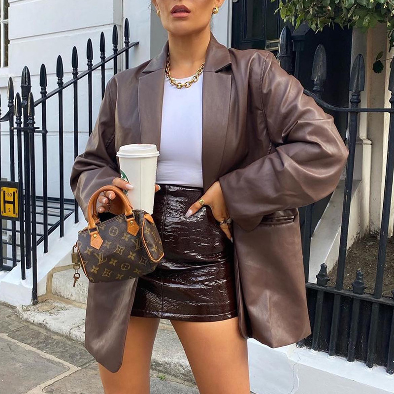 2023亚马逊女款皮衣秋冬新款 欧美黑色外套休闲保暖西装夹克女装详情15