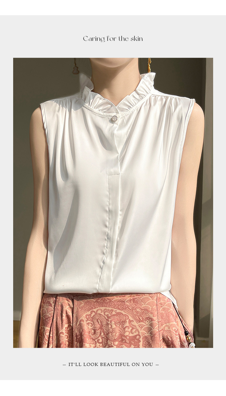 木耳边无袖缎面衬衫背心女立领薄气质衬衫女上衣背心内搭无袖T恤详情15