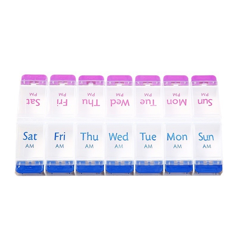 跨境专供按压弹簧药盒英文款双排7天便携式药盒双排一周14格药盒详情7