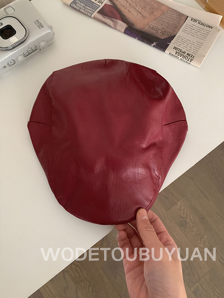 Red retro leather front hat, Korean style versatile duck tongue beret, fashionable newsboy cap, face-showing small hat pic 11