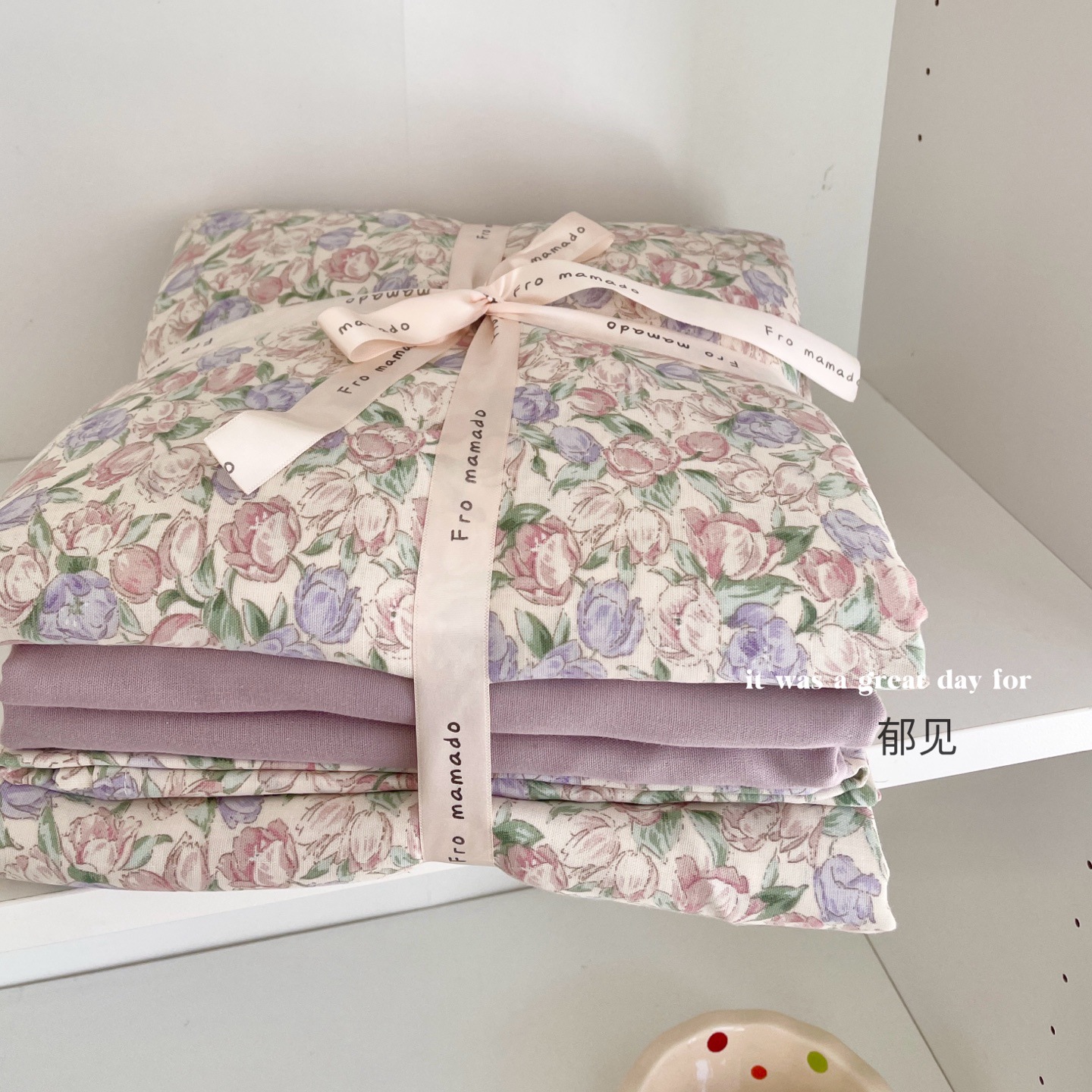 A set of three or four pieces with fresh small floral print double-layer yarn, pure cotton soft naked sleeping quilt cover and cartoon bedding pic 63