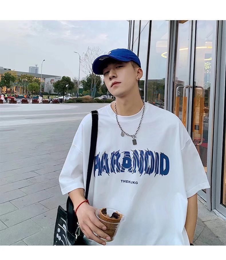 Pure cotton short-sleeved T-shirt for men, loose Hong Kong trend brand round-neck top, new letter-printed half-sleeved T-shirt pic 7