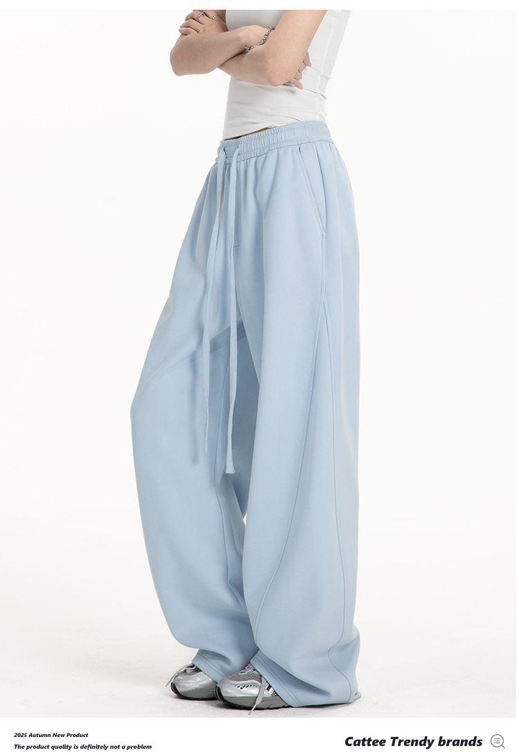 College-style solid-color straight-leg curved casual pants for men and women, loose wide-leg sport sweatpants for spring and autumn pic 21