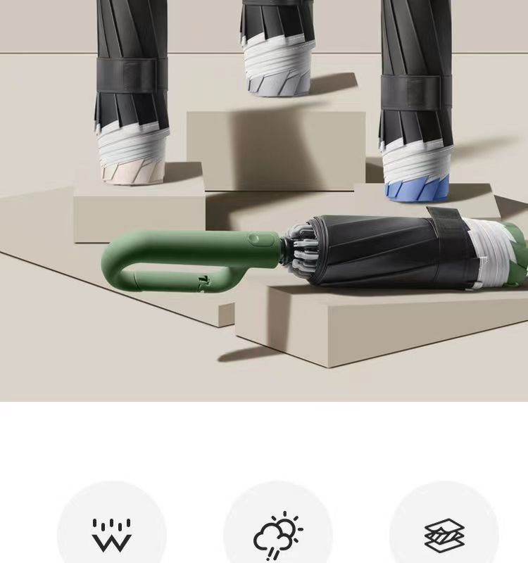 Автоматический складной черный зонтик со светло-коричневой рукояткой, используемой для защиты от ветра и дождя pic 2