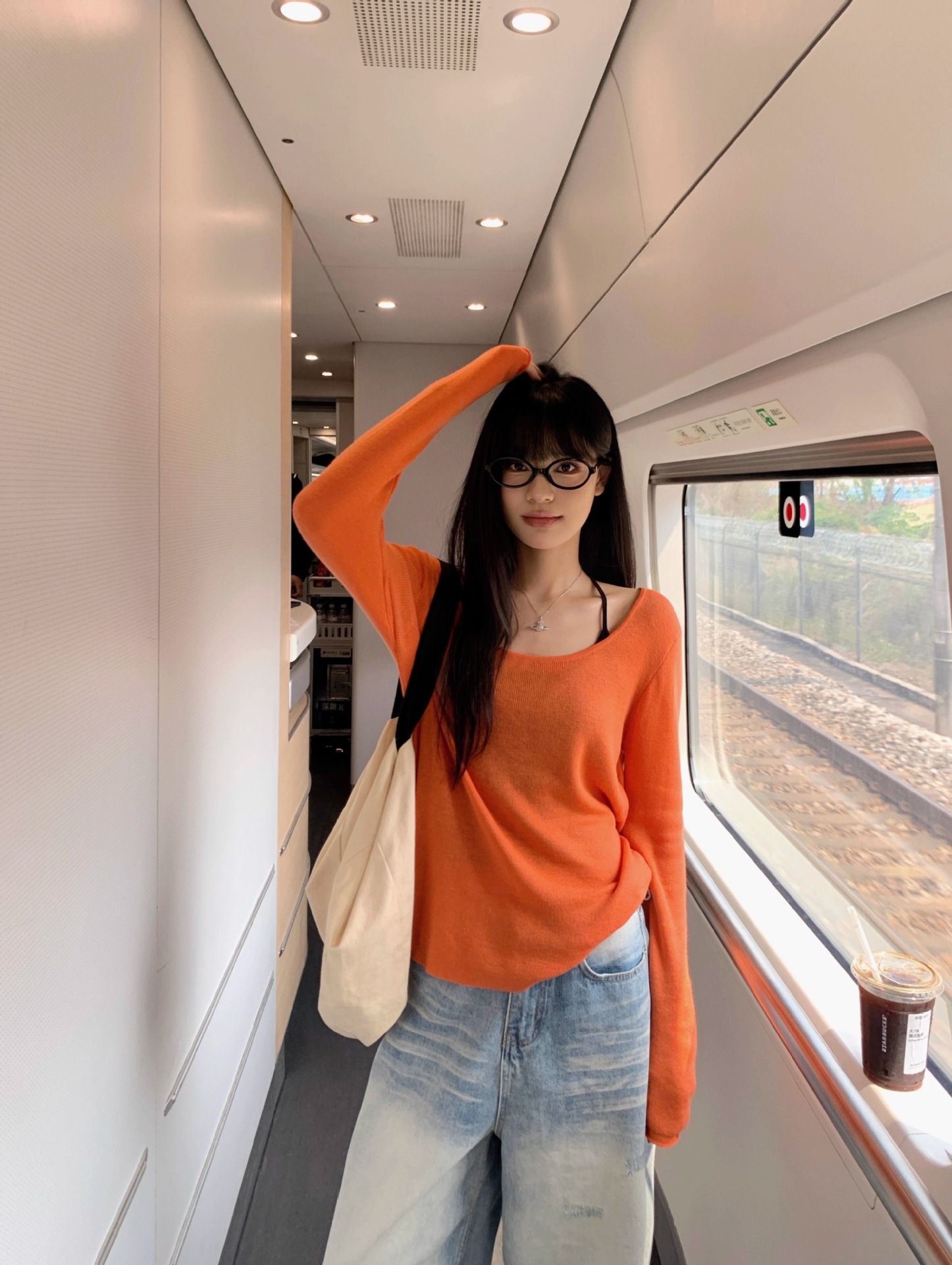 2025夏纯欲橘色薄款长袖防晒罩衫T恤女夏季辣妹宽松休闲露肩上衣详情20