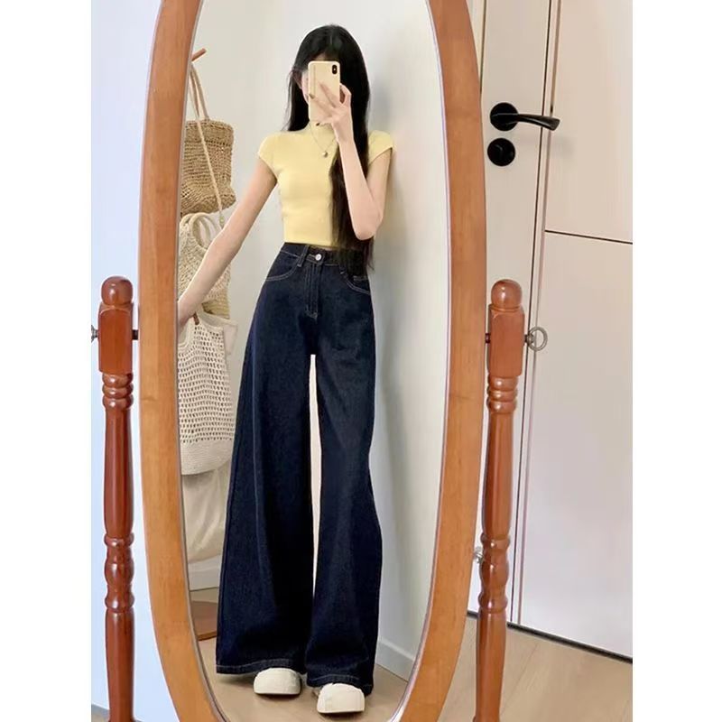 港风复古深蓝色阔腿牛仔裤女新款高腰直筒显瘦垂感宽松拖地长裤子详情10