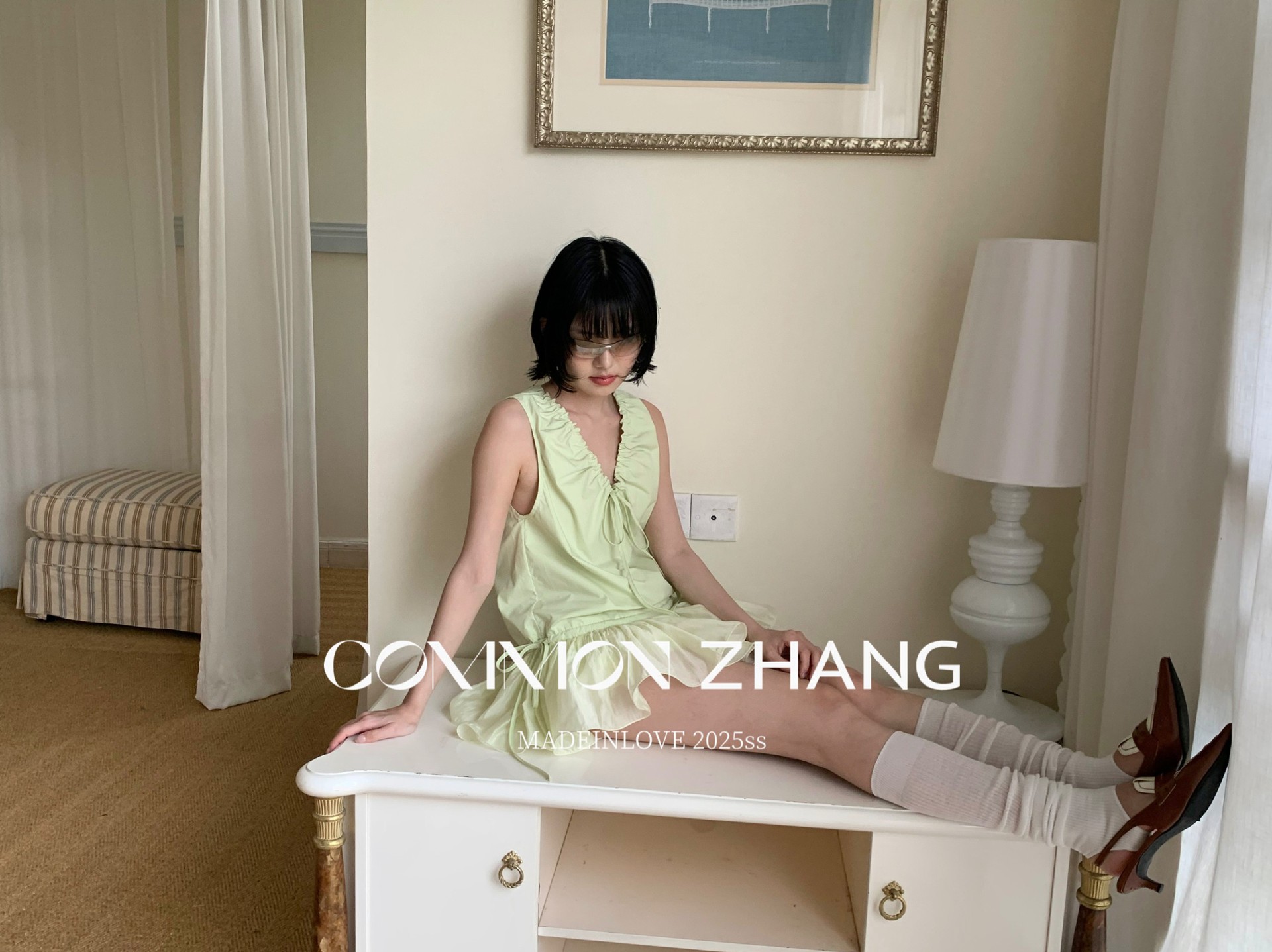 CZ ZHANG Summer French mint Manbo V-neck lace-up Youthful A-line puffed vest dress for women, B23782 pic 17