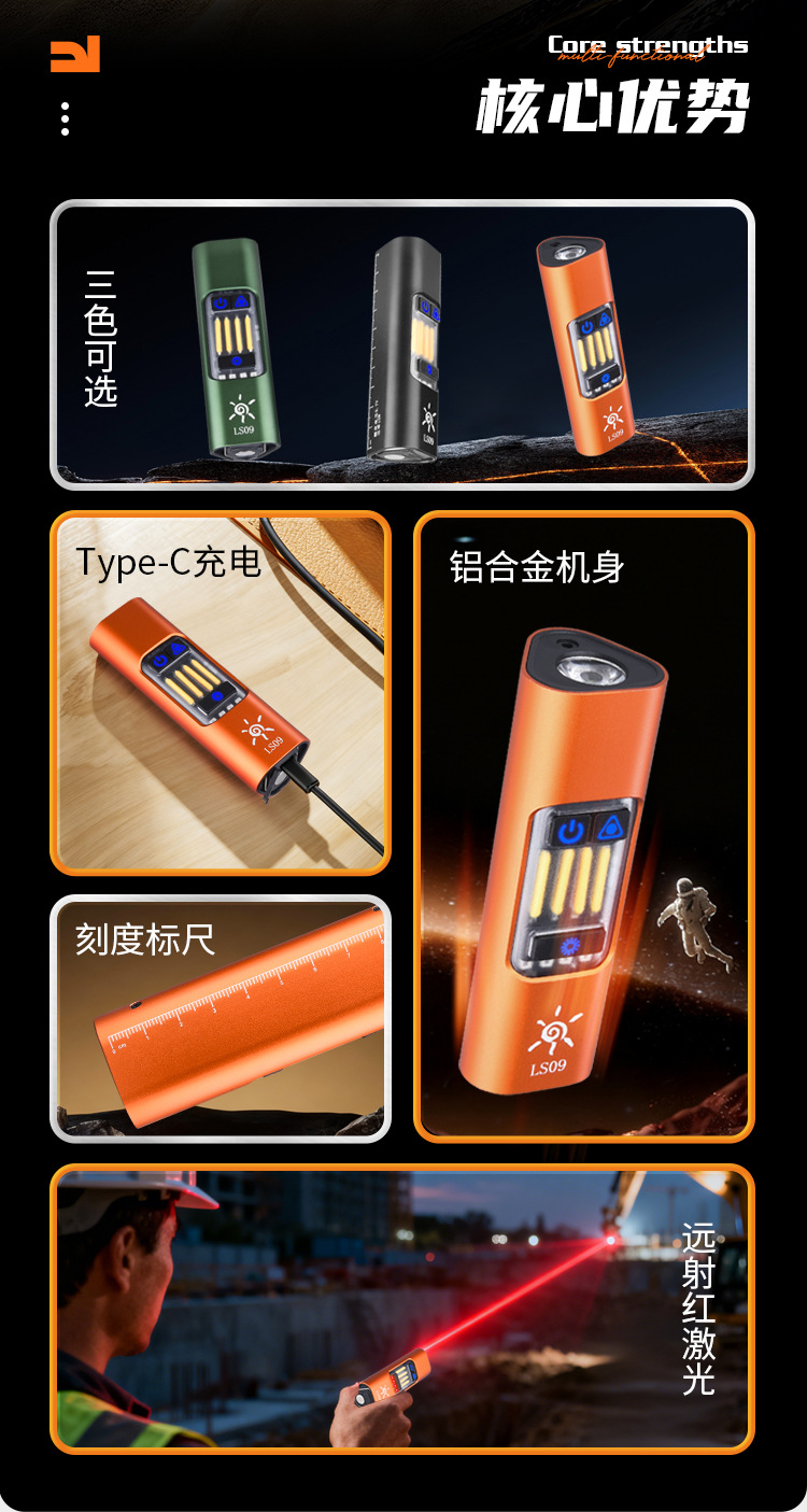 New EDC type-c charging work light with strong magnet side light, red laser multi-position hook, built-in battery pic 2