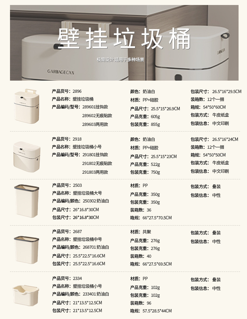 厨房浴室挂式垃圾桶家用无痕贴橱柜收纳篮带盖网红ins壁挂式垃圾箱详情1