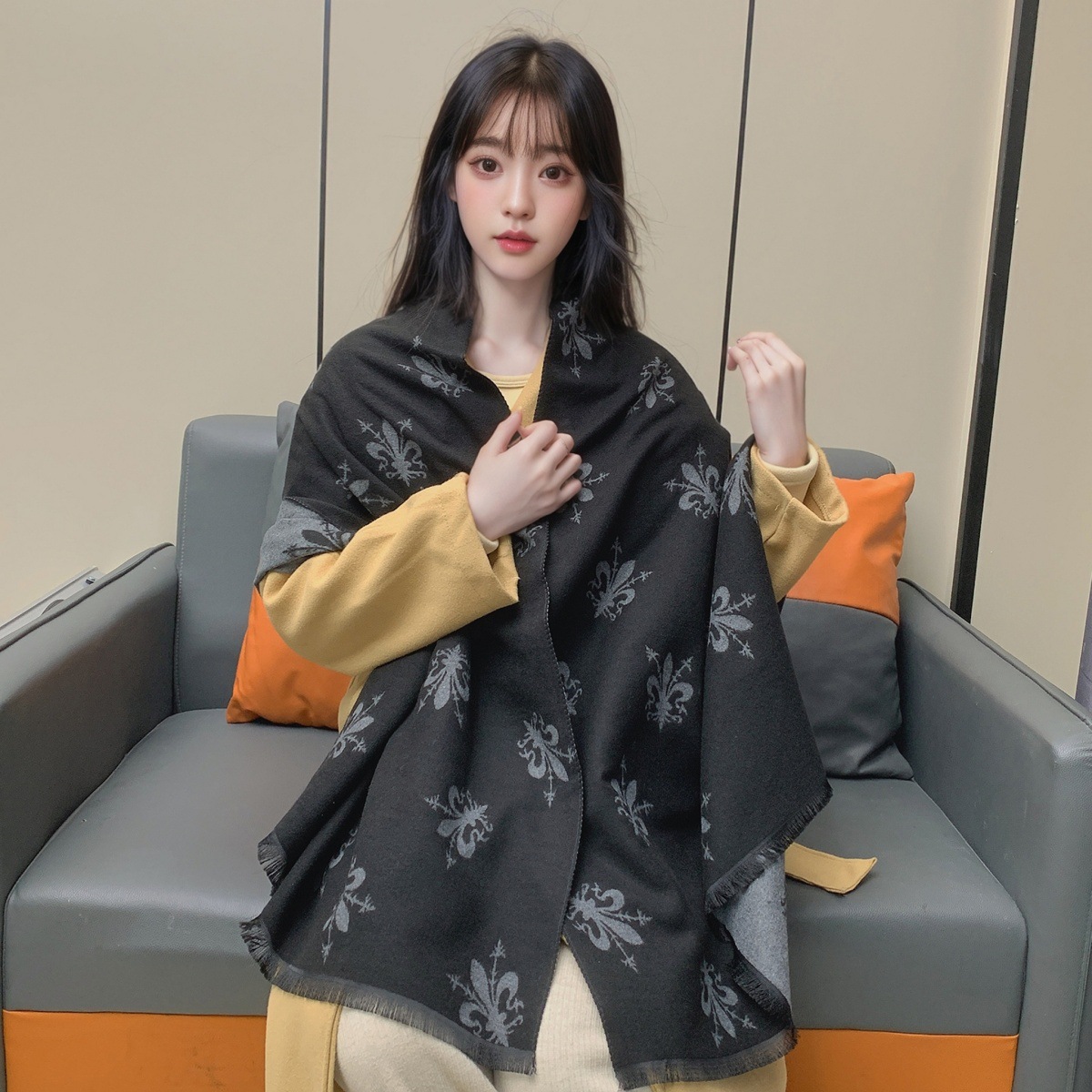 围巾女冬季欧美风格佛罗伦萨鸢尾花披肩加厚百搭双面保暖围脖保暖详情47