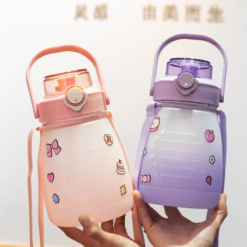 Cross-border Amazon cute large-capacity straw cup, plastic big-bellied cup, gradient color, summer Internet celebrity 1300ML water cup pic 7