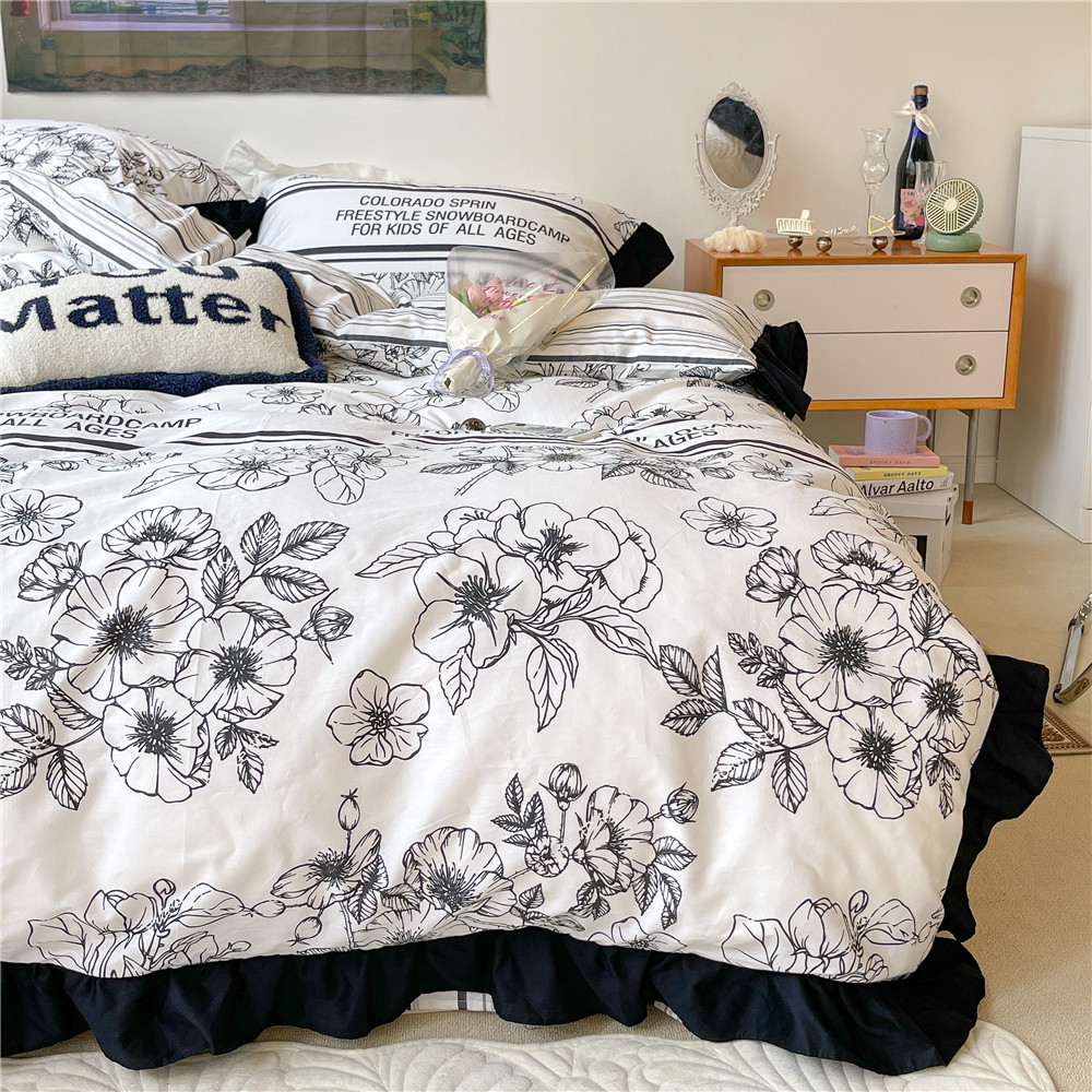 French Hepburn style pure cotton four-piece set, high-end feel, pure cotton black and white sketch flower duvet cover, all-cotton edge bedding pic 17