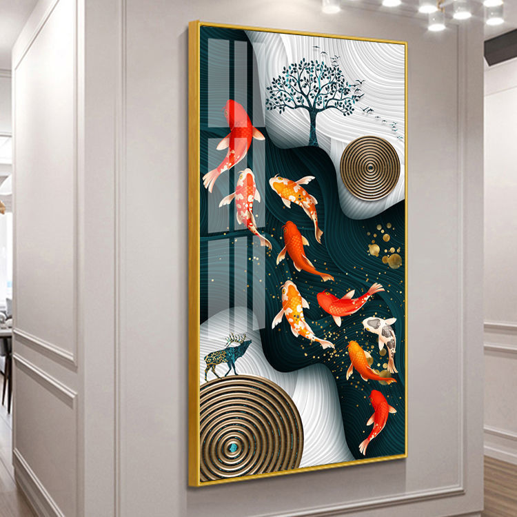 九鱼图玄关画入户画客厅挂画现代轻奢装饰画大气竖版走廊过道壁画详情14
