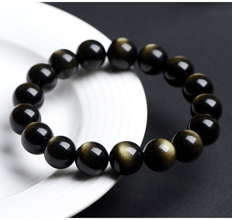 Jiuya Crystal Natural Black Gold Obsidian Round Bead Bracelet, Obsidian Gold and Silver Obsidian loose Bead bracelet wholesale pic 15