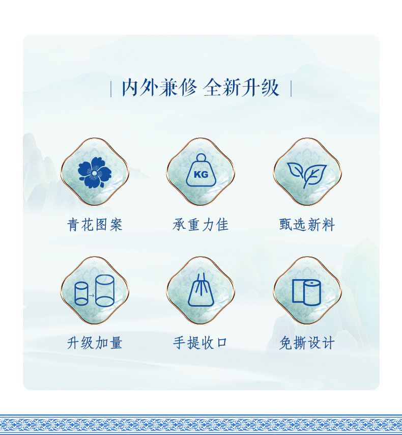 垃圾袋家用手提抽绳式厨房客厅免撕青花国风加大加厚塑料袋批发详情22