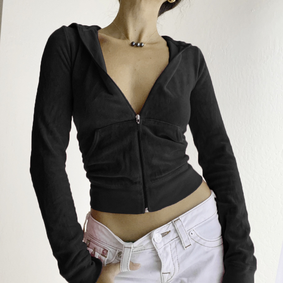 Solid color velvet slim sports suit zipper hood pic 23