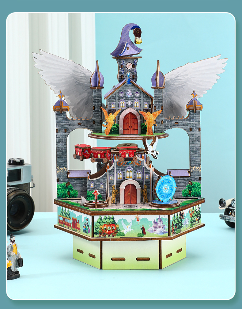 Cross-border new product assembly music box, Dream City, Ice and snow castle, handcrafted music box, building blocks, birthday model ornaments pic 16