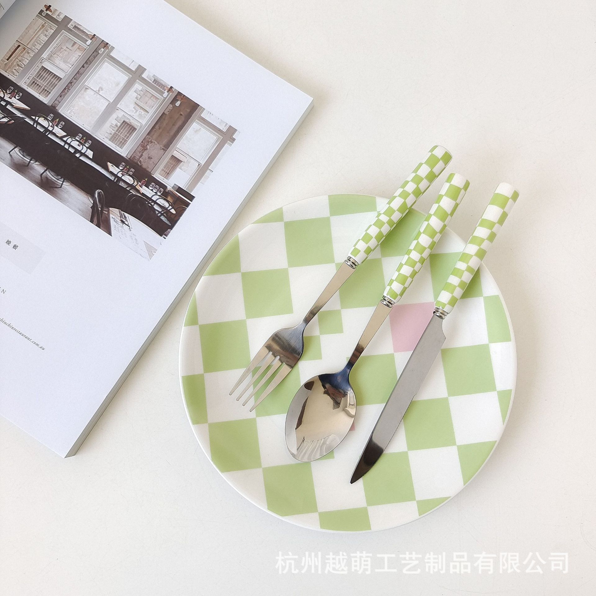 ins风博主同款日韩棋盘格刀叉勺子西餐甜品餐具套装牛排刀不锈钢详情7