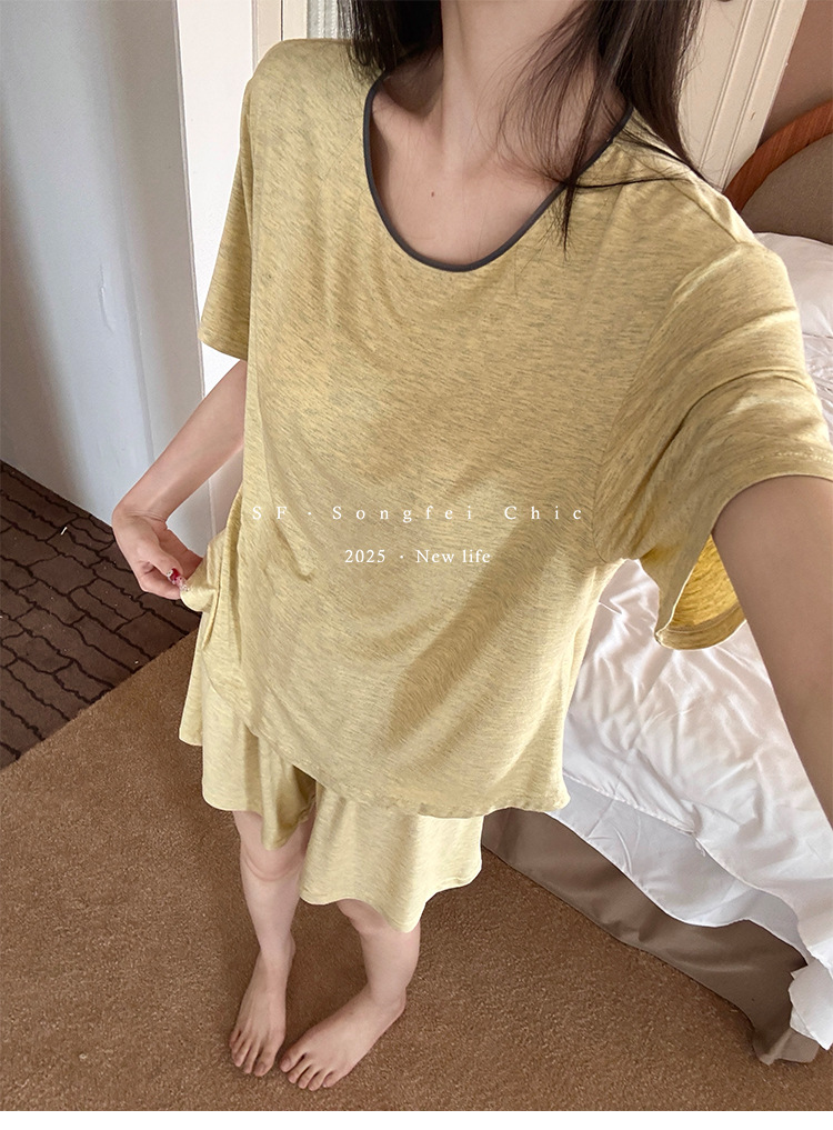 Summer pajama set with chest pad, short sleeves and shorts, pullover, two-piece home wear, thin and skin-friendly, can be worn outside with a pullover pic 18