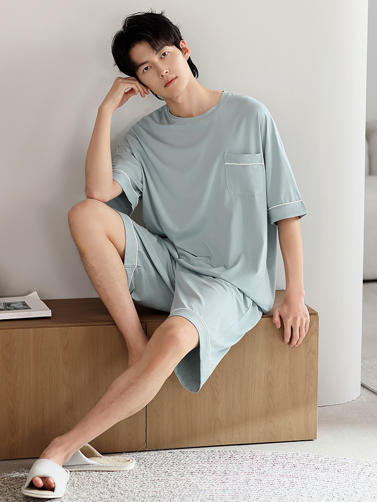 夏季莫代尔男士睡衣 新款圆领短袖纯色简约套头男生家居服可外穿详情39