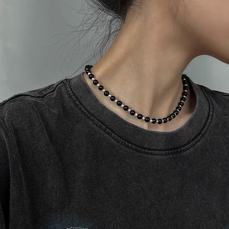 Natural black agate silver bead spliced necklace, Korean s925 pure silver versatile round bead collarbone chain, retro and fashionable jewelry for women pic 1