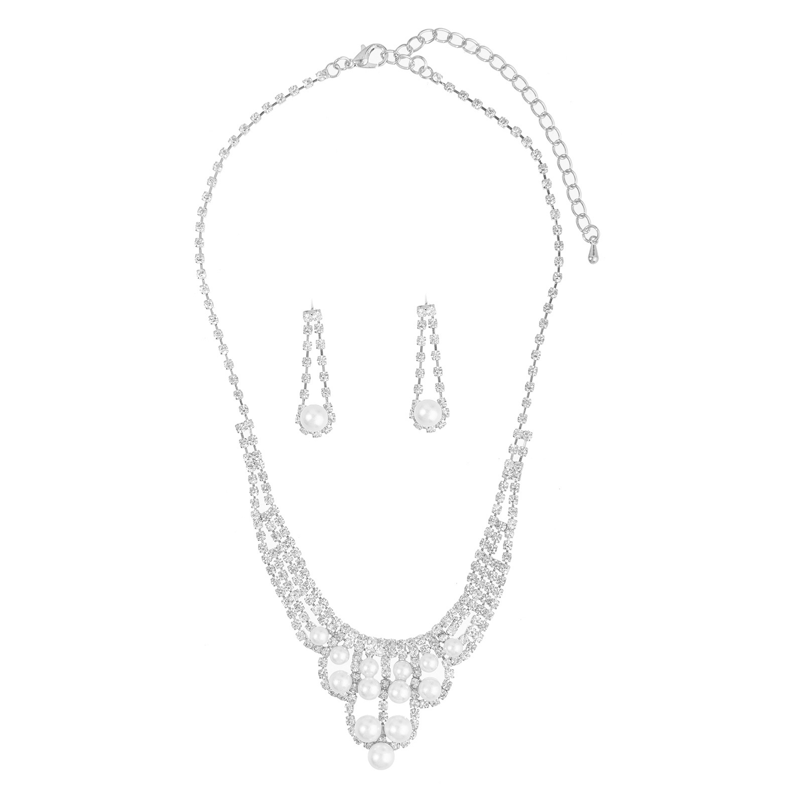 Cross-border supply, wedding banquet, elegant pearl and rhinestone necklace, earrings, three-dimensional hollowed-out design jewelry set, chain set pic 9