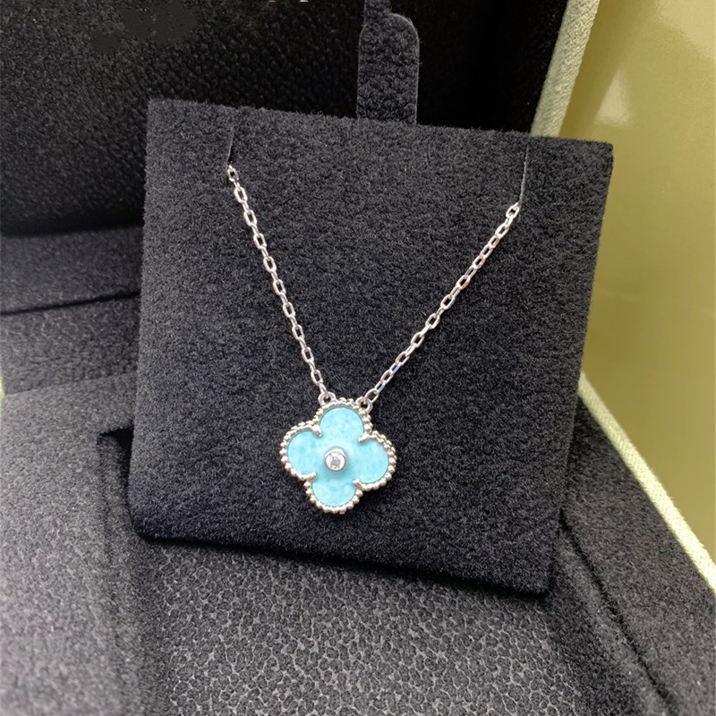 新款纯银925圣诞限定蓝色四叶草单钻18K金薄荷绿幸运草项链锁骨链详情2