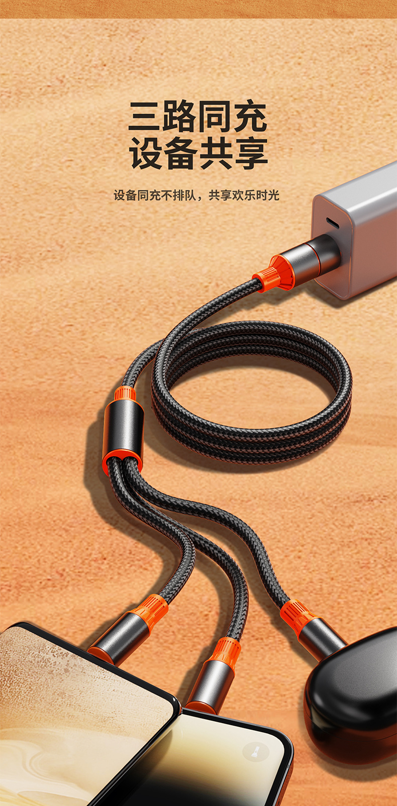 现货加粗编织二拖三数据线PD超级快充三合一车载旅行多功能充电线详情6