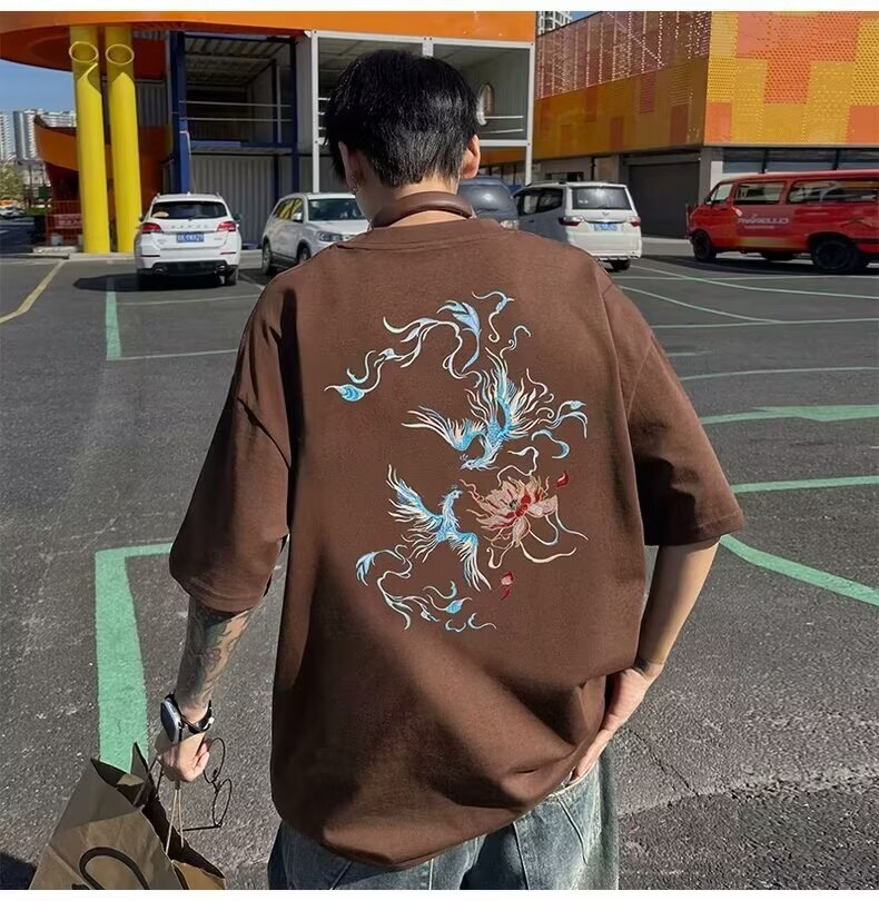 国潮中国风衣服白色纯棉短袖t恤男宽松大码凤凰潮牌重磅半袖夏季详情44