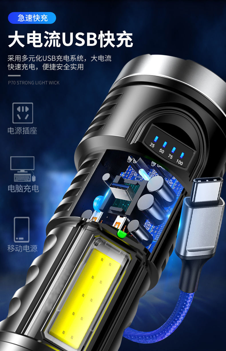 LED high-intensity flashlight, high-brightness long-range electric display COB side light, emergency light, portable searchlight, outdoor camping light pic 13