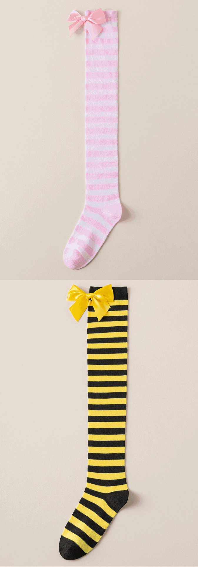 New European and American Halloween and Christmas knee-high socks, single-color striped thigh-high socks with bows, available in multiple colors pic 20