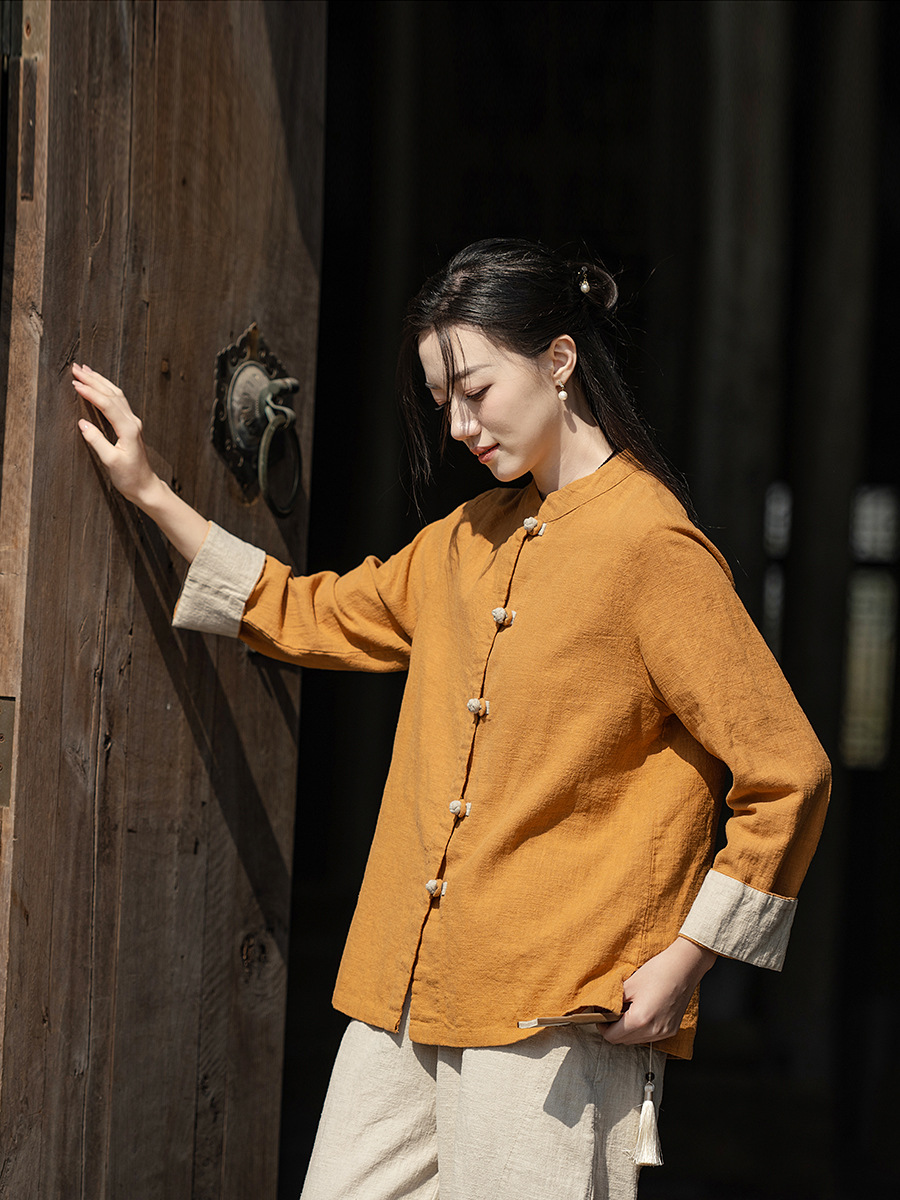 国潮中式棉麻女装拼色盘扣衬衫复古亚麻上衣茶服女禅意中山装国风开衫详情20