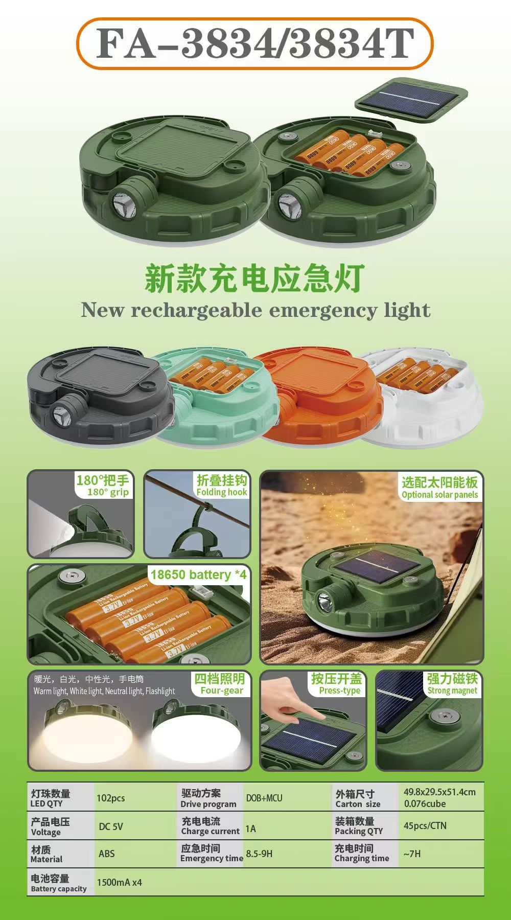 新款太阳能充电户外帐篷灯露营照明多场景室内应急灯可调节手把详情6