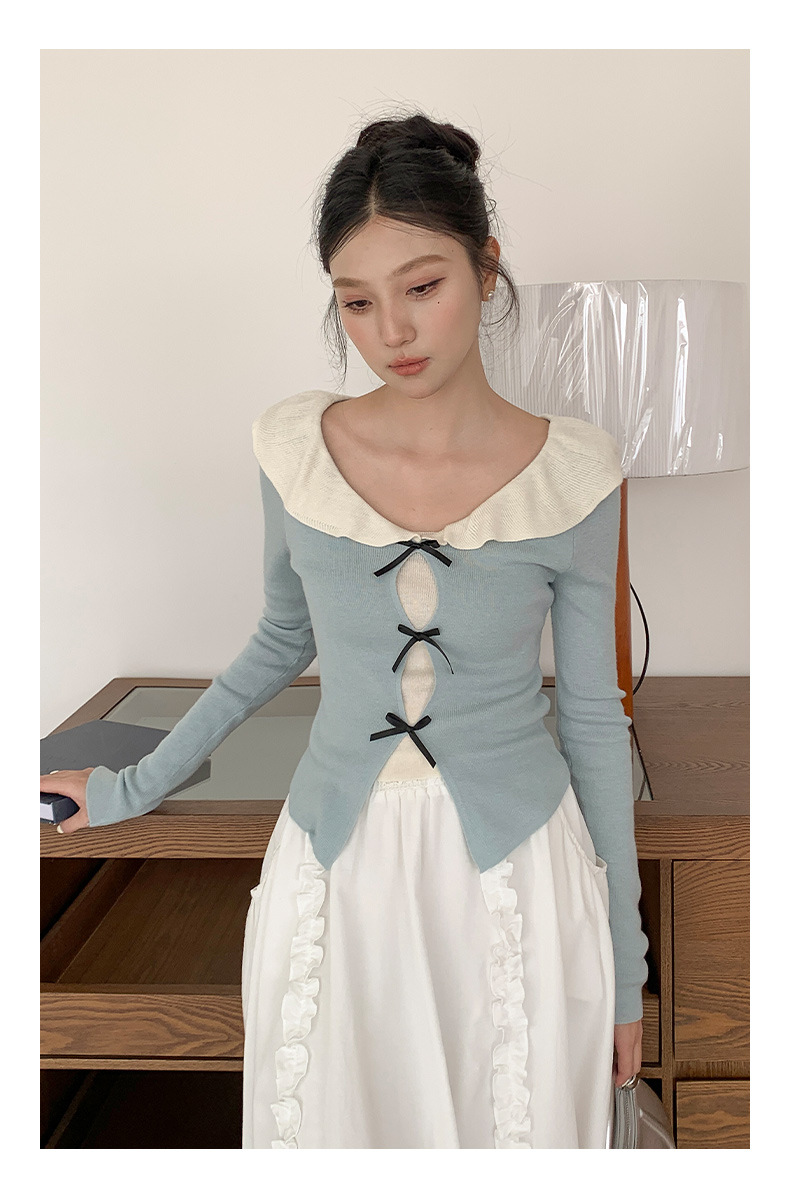 衣尔衫 设计感 假两件娃娃领蝴蝶结针织衫女短款温柔修身气质0337详情41