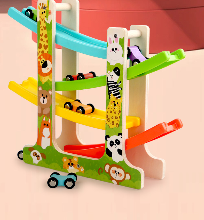 Wooden fun multi-layer track game, gliding car inertial slide with parking lot, beneficial intelligence parent-child toy pic 2