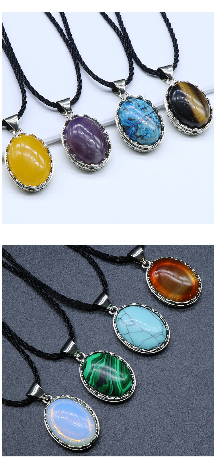 合金镶嵌水晶玛瑙石吊坠椭圆形复古紫晶项链时尚男女同款饰品批发详情14