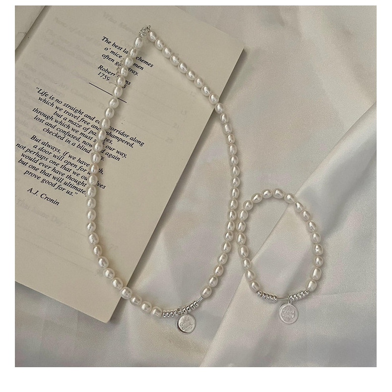 S925 sterling silver freshwater pearl vintage handcrafted Good Luck brand necklace and bracelet set, fashionable and simple collarbone chain pic 21
