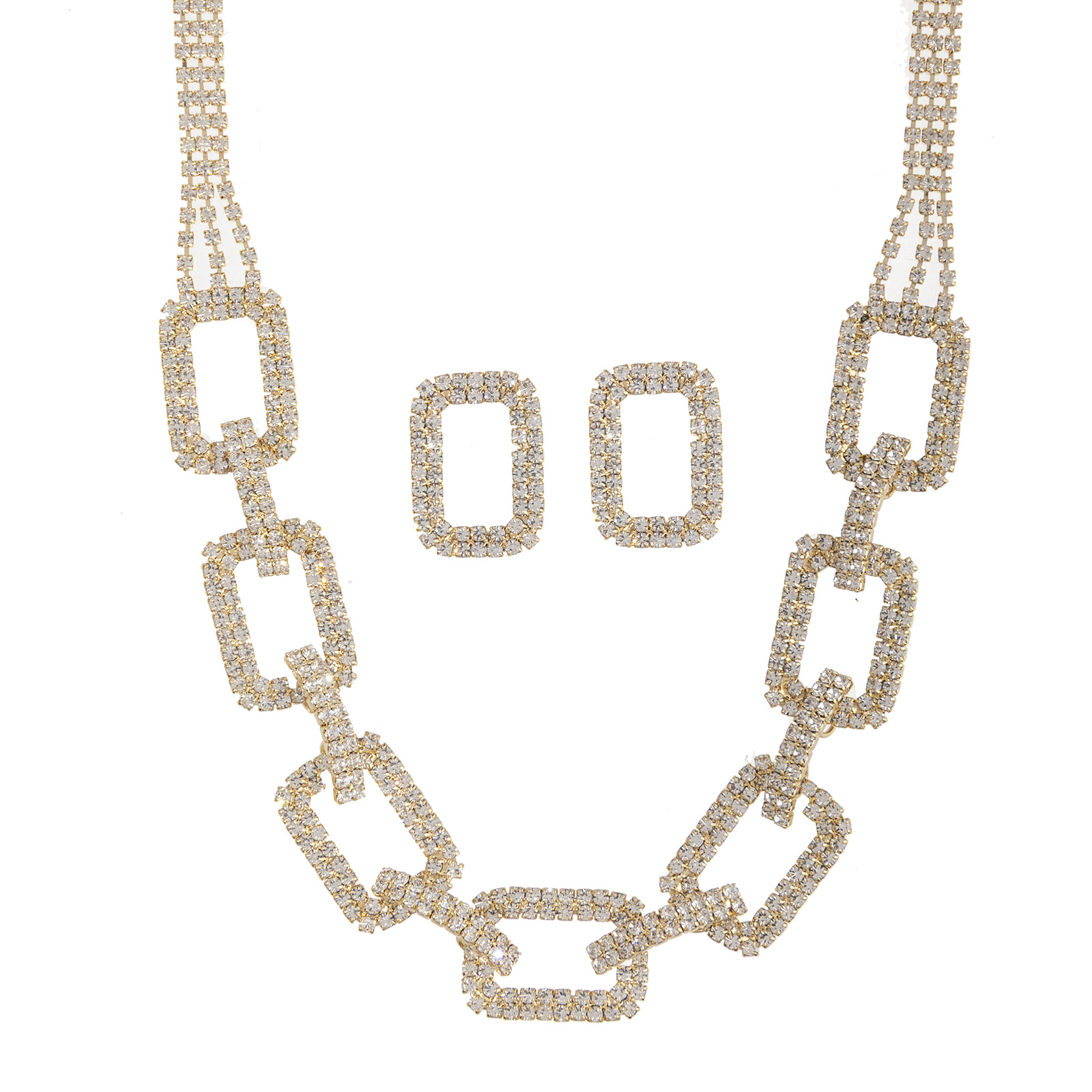 亚马逊热销水钻链条耳钉+项链套装 跨境欧美设计感满钻闪亮方形两件首饰套装厂家批发详情8