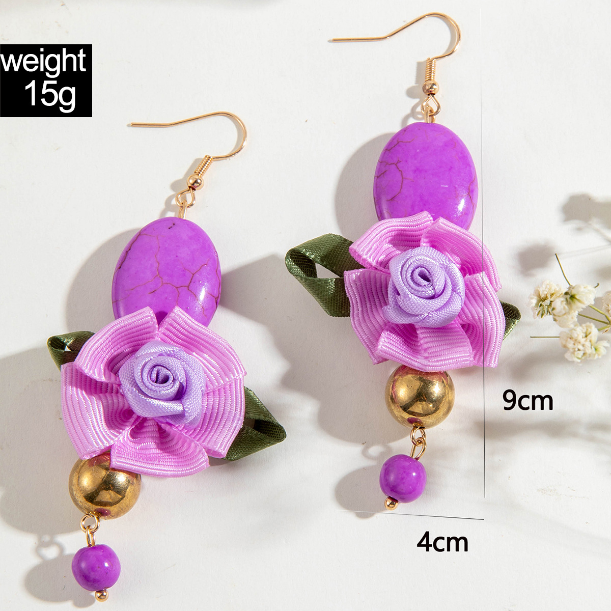 欧美跨境个性饰品紫色椭圆松石耳坠小众设计感玫瑰花朵耳环耳饰女详情1