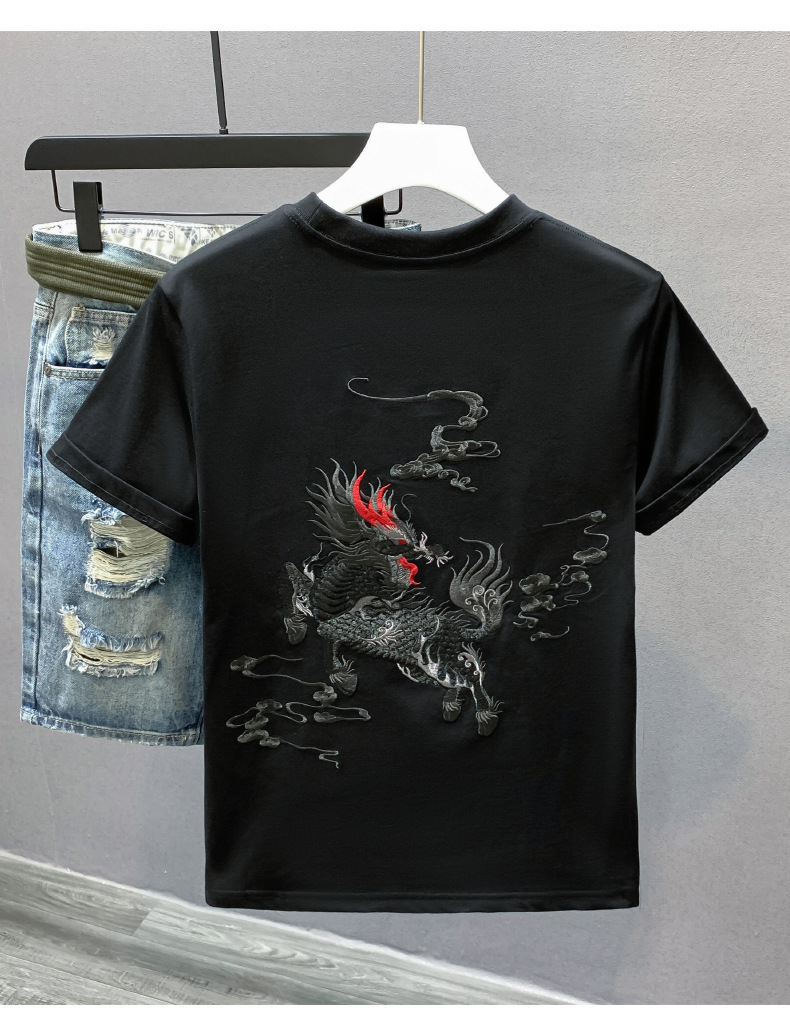 国潮牌中国民族风麒麟刺绣上衣男士宽松圆领百搭白短袖T恤国潮欧货详情14